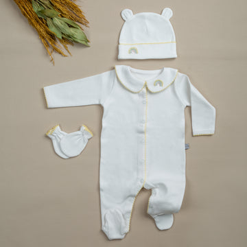 Elegant Sarı Tığ İşi Süslemeli Gökkuşağı El Nakışlı 4'lü Organik Hastane Çıkışı