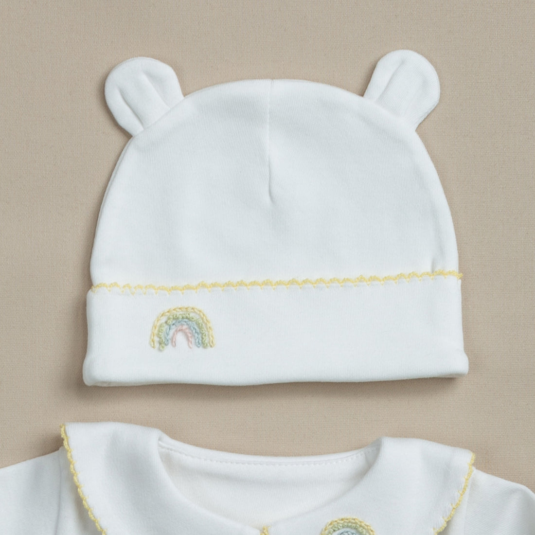 Elegant Sarı Tığ İşi Süslemeli Gökkuşağı El Nakışlı 4'lü Organik Hastane Çıkışı