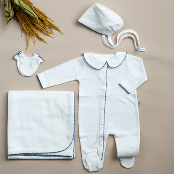 Elegant İndigo Mavi Tığ İşi Süslemeli 5'li Organik Hastane Çıkışı