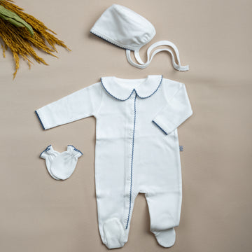 Elegant İndigo Mavi Tığ İşi Süslemeli 4'lü Organik Hastane Çıkışı