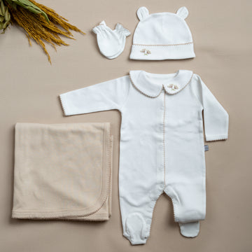 Elegant Bej Tığ İşi Süslemeli Hindiba El Nakışlı 5'li Organik Hastane Çıkışı