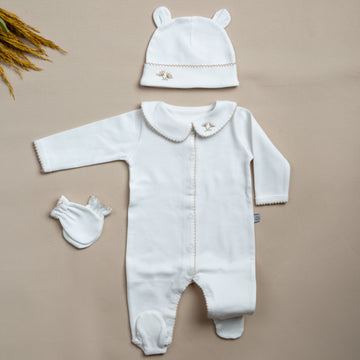 Elegant Bej Tığ İşi Süslemeli Hindiba El Nakışlı 4'lü Organik Hastane Çıkışı