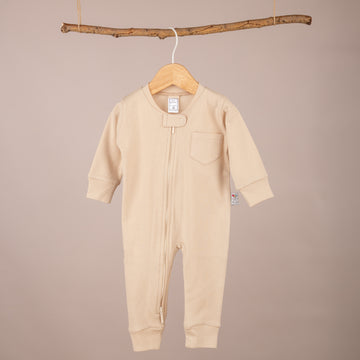 Cepli Çift Taraflı Fermuarlı Patiksiz Bej Tulum