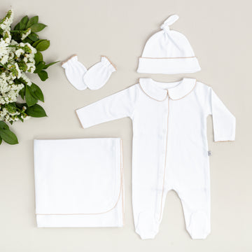 Elegant Bej Tığ İşi Süslemeli 5'li Organik Hastane Çıkışı