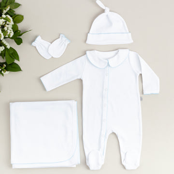 Elegant Bebe Mavi Tığ İşi Süslemeli 5'li Organik Hastane Çıkışı