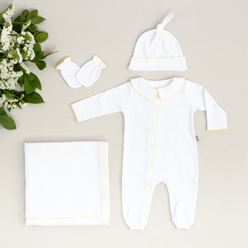 Elegant Sarı Tığ İşi Süslemeli 5'li Organik Hastane Çıkışı