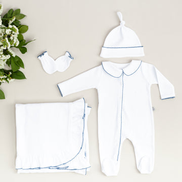 Elegant İndigo Mavi Tığ İşi Süslemeli 5'li Organik Hastane Çıkışı