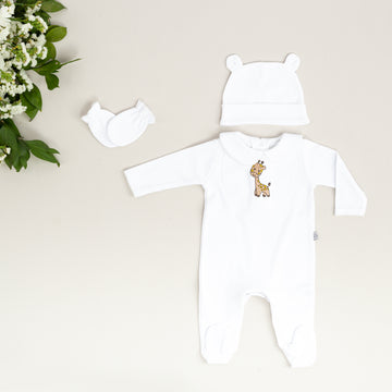 Royal Ekru Beyaz Tığ İşi Süslemeli Zürafa Nakışlı 4'lü Organik Hastane Çıkışı