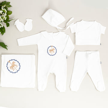 Royal Beyaz Tığ İşi Süslemeli Atlıkarınca Nakışlı (Laci-Bej) 7'li Organik Hastane Çıkışı