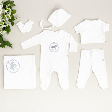 Royal Beyaz Tığ İşi Süslemeli Atlıkarınca Nakışlı (Lila-Gri) 7'li Organik Hastane Çıkışı