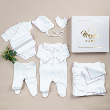 Lady Lila Tığ İşi Süslemeli Fırfırlı 9'lu Kız Bebek Organik Hastane Çıkışı