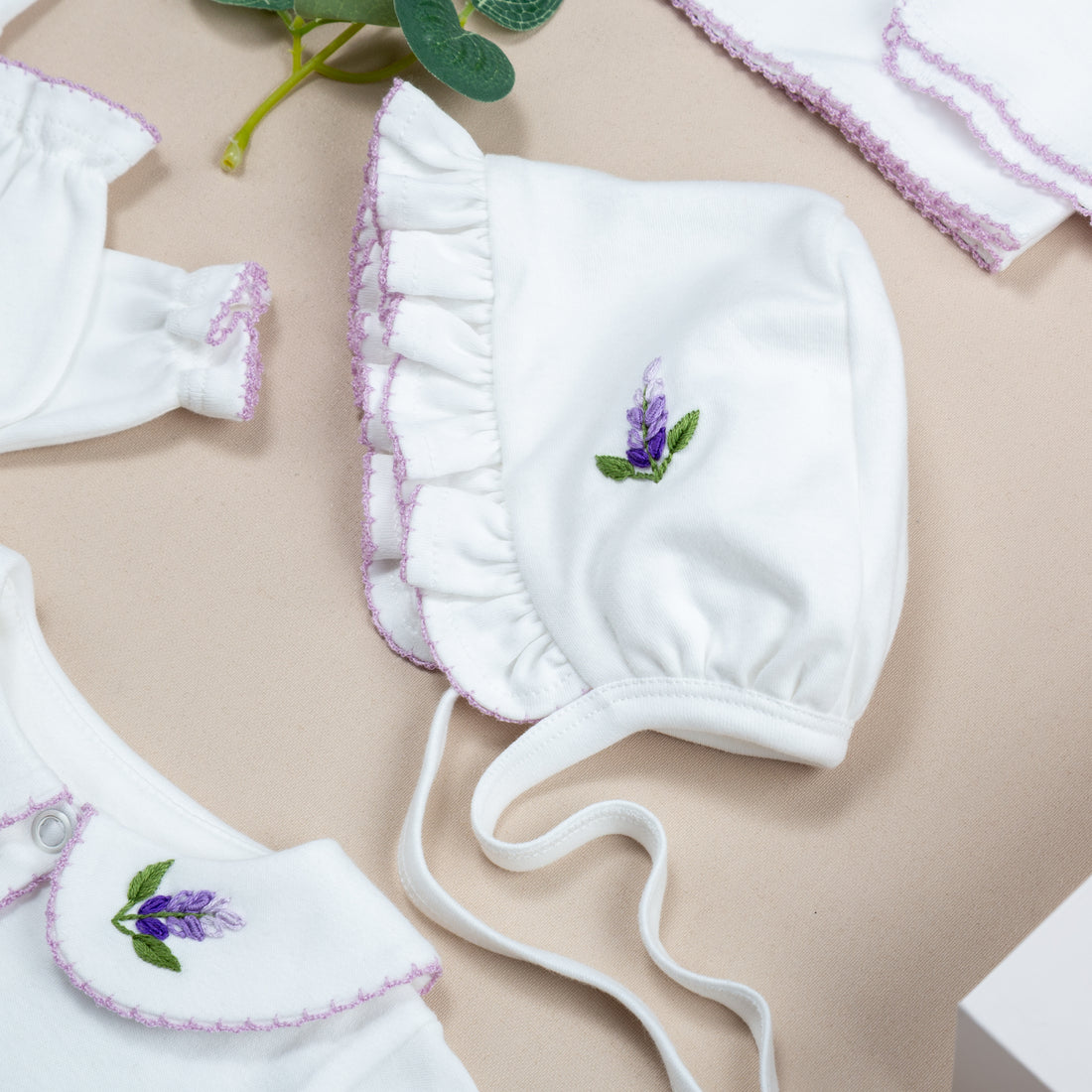 Elegant Lila Tığ İşi Süslemeli Vioala El Nakışlı 5'li Organik Hastane Çıkışı