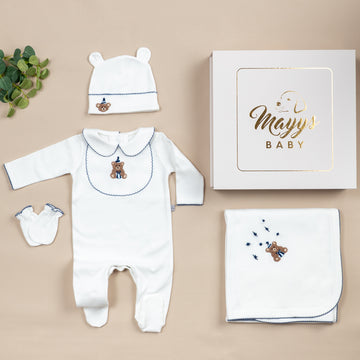 Royal İndigo Tığ İşi Süslemeli Bubu Party Nakışlı 5' li Organik Hastane Çıkışı