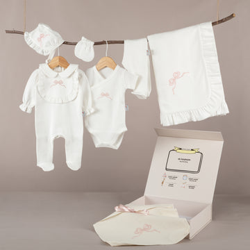 Nazenin Pembe Fiyonk Nakışlı Ekru Tığ işi Süslemeli Kız Bebek 6'lı Organik Hastane Çıkışı