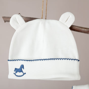 Asil İndigo Tığ İşi Süslemeli Çelenkli At Nakışlı Bebek Şapkası