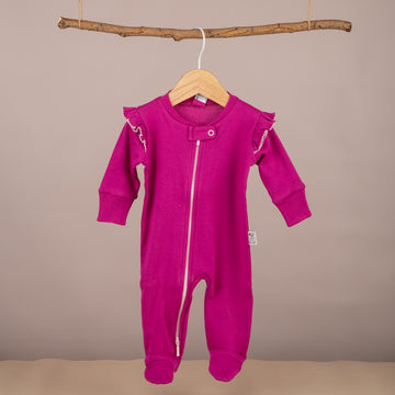 Omuz Fırfırlı Çift Taraflı Fermuarlı Patikli Fuşya Tulum