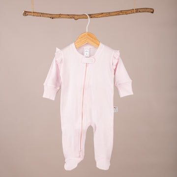 Omuz Fırfırlı Çift Taraflı Fermuarlı Patikli Pembe Tulum