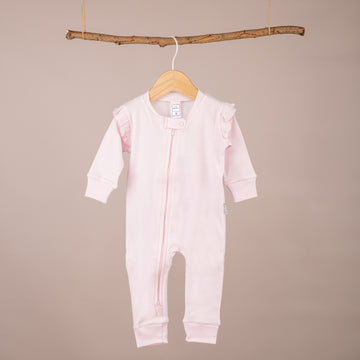 Omuz Fırfırlı Çift Taraflı Fermuarlı Patiksiz Pembe Tulum