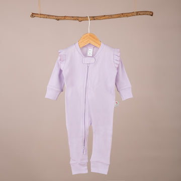 Omuz Fırfırlı Çift Taraflı Fermuarlı Patiksiz Lila Tulum