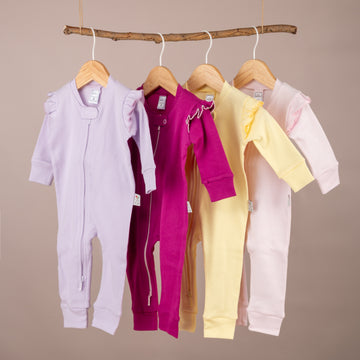 4’lü Omuz Fırfırlı Çift Taraflı Fermuarlı Patiksiz Bebek Tulum Seti